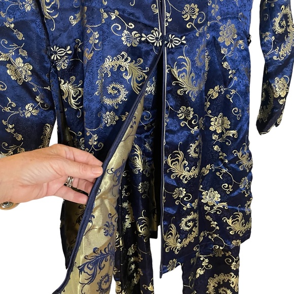 Traditional Vietnamese Silk Pant Suit Blue Gold Brocade Small - Picture 6 of 11